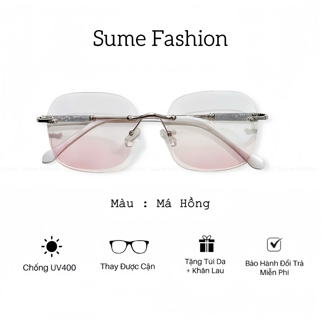 1011-Mắt kính mát má hồng nam nữ thời trang tròng kính mắt không viền chống uv gọng cận kim tuyến