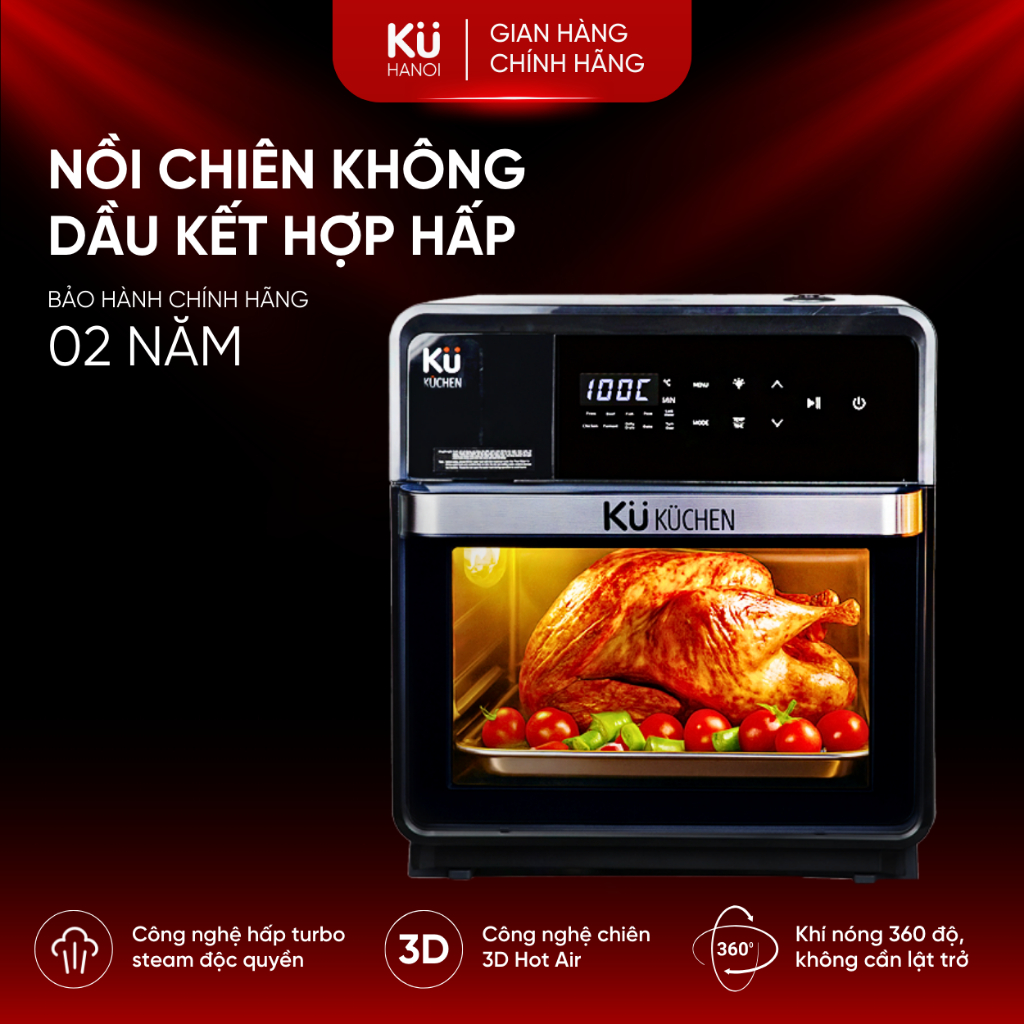 (HOẢ TỐC)-Nồi chiên không dầu kết hợp hấp KUCHEN KU PCL2228 16L bảo hành 24 tháng l Sẵn phụ kiện tha