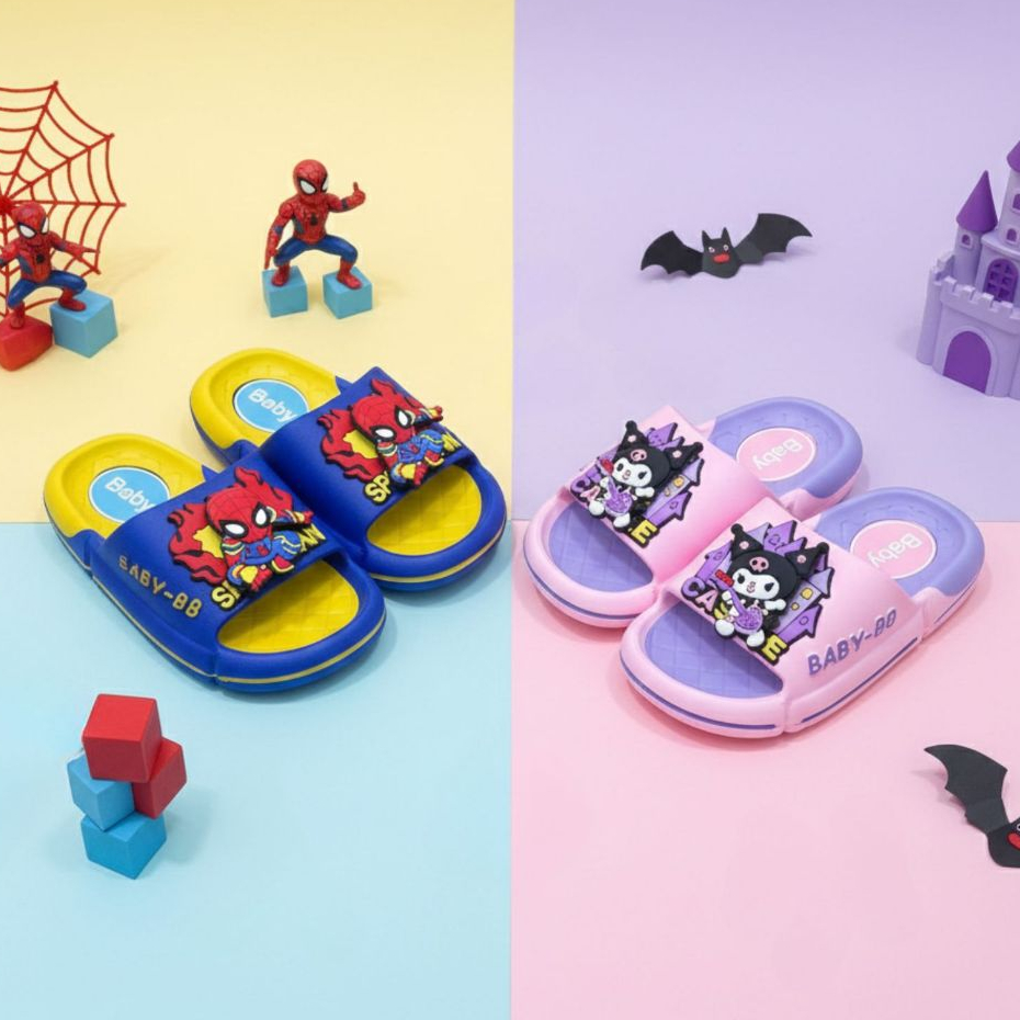 Dép lê cho bé hoạt hình kuromi người nhện sticker xoay đế mềm êm chống trơn trượt bé trai bé gái