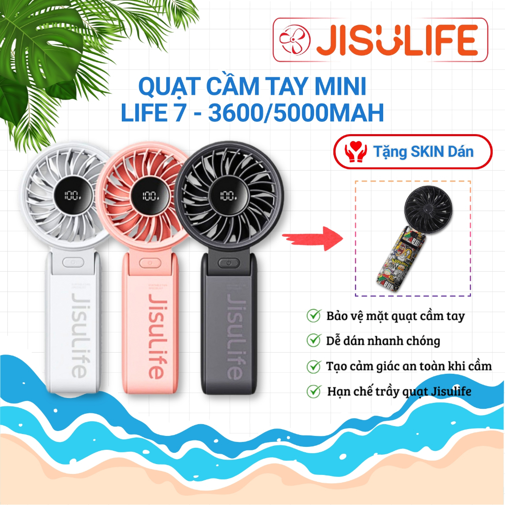 Quạt cầm tay mini Jisulife Life 7 ABS 5 cấp độ gió 3600mAh/5000mAh, Gập gọn góc 30°, Sử dụng 12 Giờ 