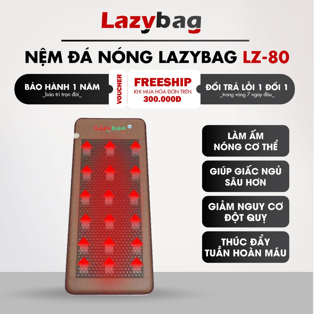 Nệm massage đá nóng điều hoà thân nhiệt, giảm đau nhức kt 80x190 đá lục giác đen lazybag LZ-80. Kens