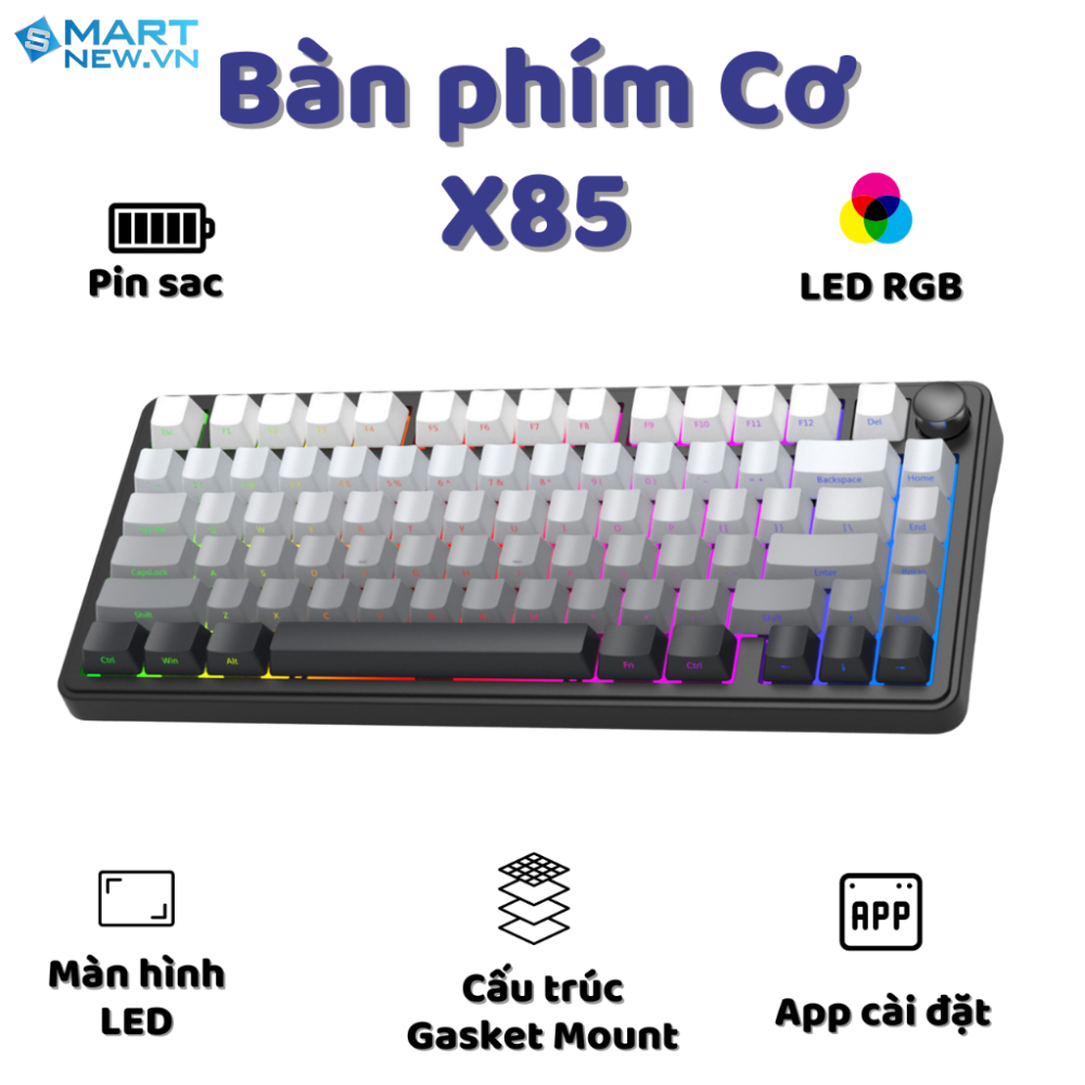 Bàn phím cơ không dây Attack Shark X85 - Led RGb - Gasket Mount - Có hot-swap - Mạch 5 pin - Màn LED