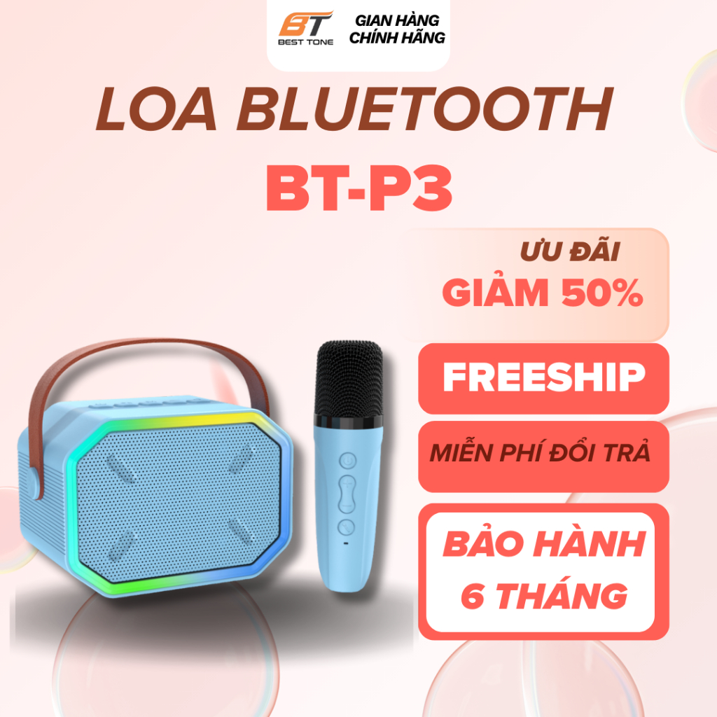 [2 Micro] BT-P3 “BassBlast LED” – Loa Karaoke Bluetooth Mini, Âm Bass Sống Động, Kèm Micro & Đèn LED