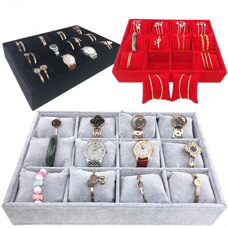 Khay trưng bày trang sức vòng tay, đồng hồ, khay nhung có gối 12 ô kích thước 35*24*5cm