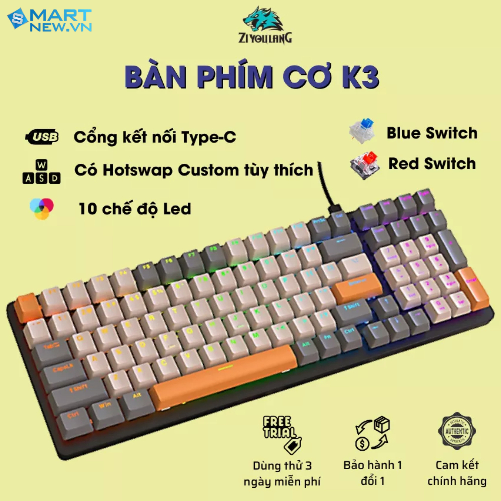 Bàn phím cơ Gaming Ziyou K3 Red Switch - LED 10 chế độ Hot-swap dành cho Laptop, PC, Macbook