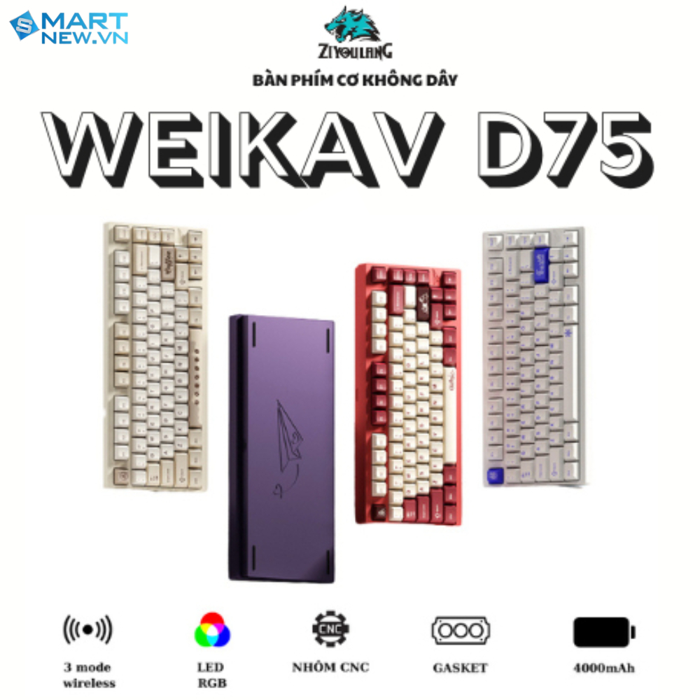 Bàn phím cơ khung nhôm CNC WEIKAV D75 - 3 mode kết nối không dây - LEd RGB - Ball-catch Structure - 