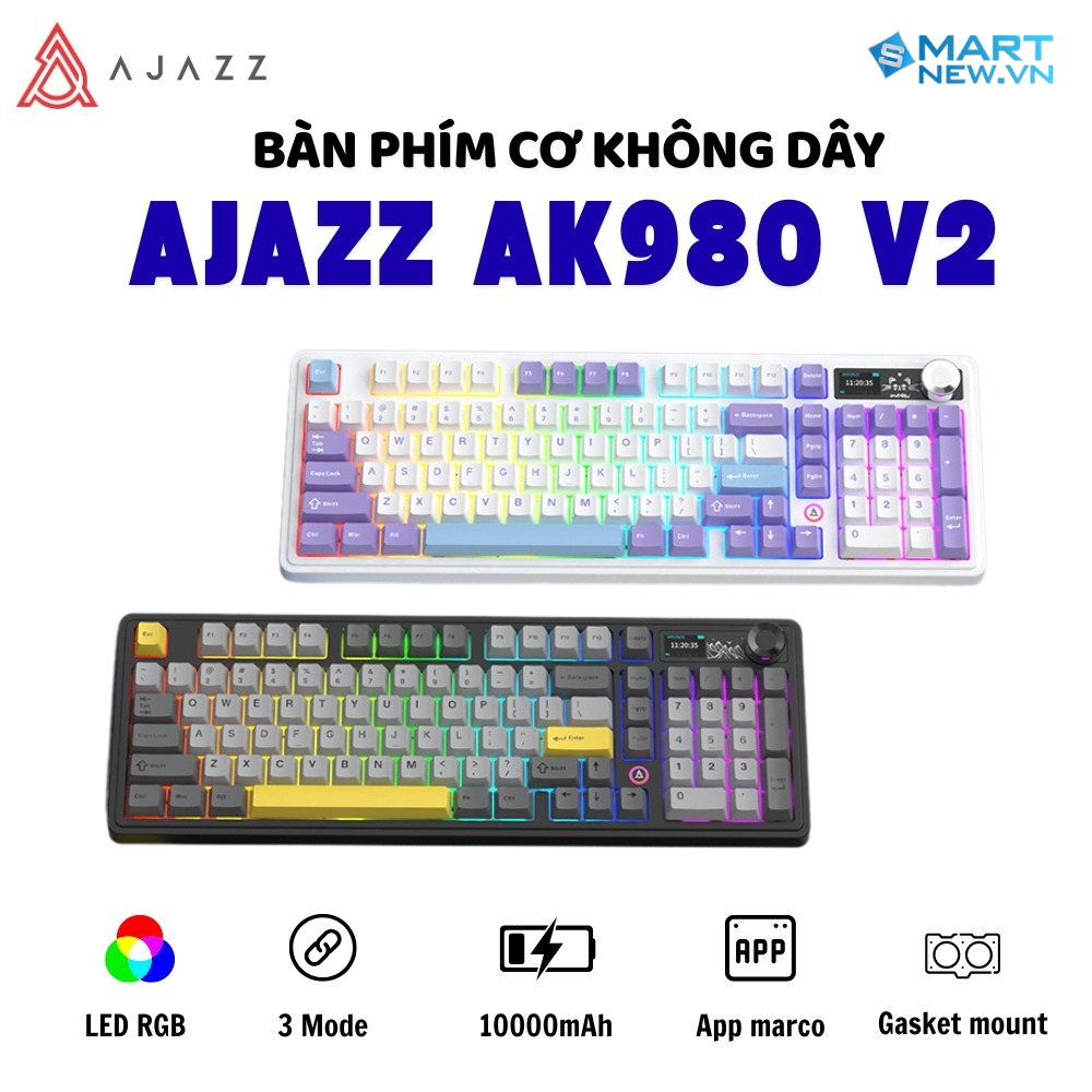 Bàn phím cơ Ajazz AK980 Pro V2 - 3 Mode - Led RGB - Pin 10000Mah - App Marco - Hot swap 5pin