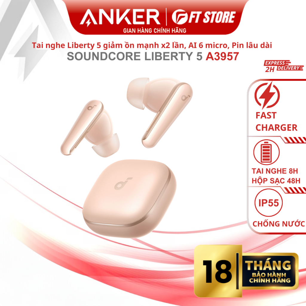 Tai nghe Bluetooth Anker Soundcore Liberty 5 A3957 giảm ồn mạnh X2, Âm thanh Dolly,AI 6 micrô, Pin 4