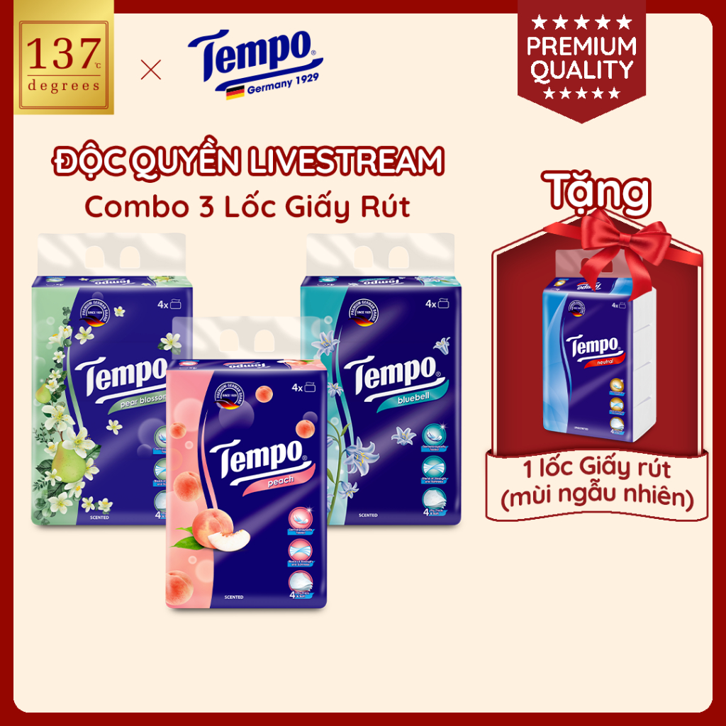 🎙️[ĐỘC QUYỀN LIVESTREAM - MUA 3 LỐC TẶNG 1 LỐC] Khăn Giấy Rút Cao Cấp Tempo 4 Lớp Bền Dai, An Toàn Cho Da