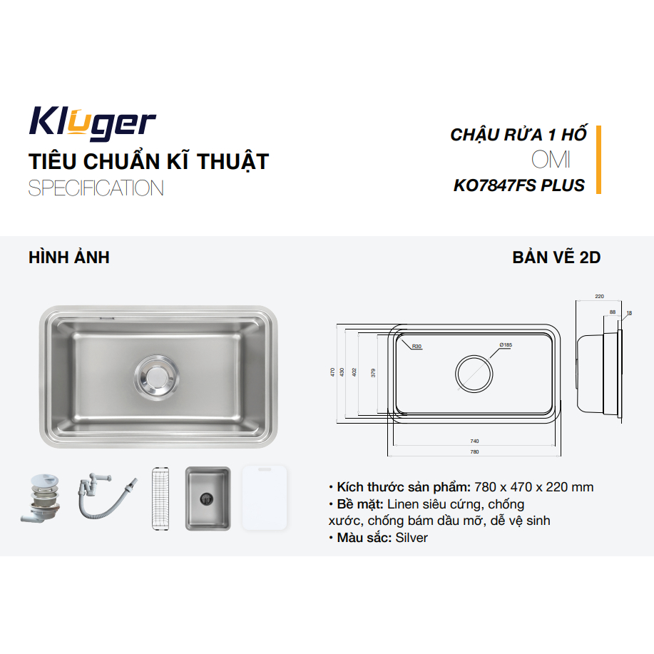 kluger KO7847FS Plus/ CHẬU RỬA BÁT CAO CẤP 1 HỐ KLUGER/ LINEN dập nổi chống xước thế hệ mới