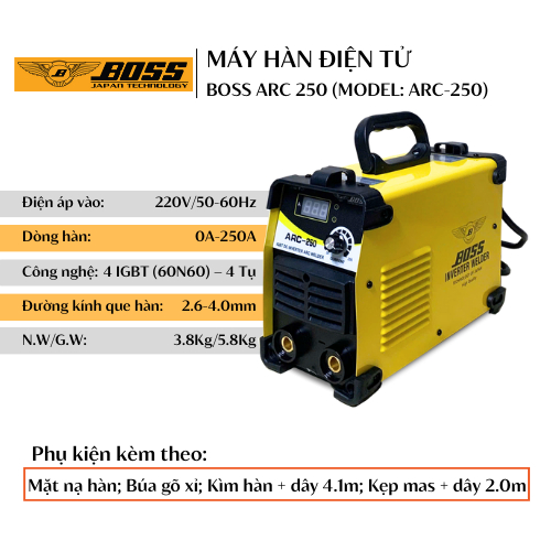 Máy hàn que BOSS ARC 250 - Công nghệ Inverter, Dòng hàn ổn định, Mối hàn đẹp
