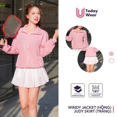 [DEAL MỞ BÁN] Set đồ bộ thể thao áo gió Windy jacket hồng phối chân váy Judy skirt trắng Today U Wear