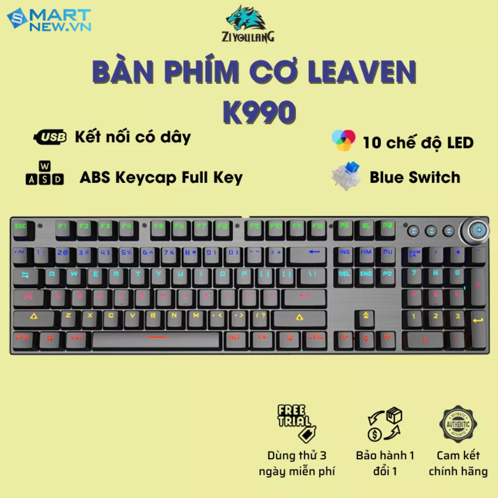Bàn phím cơ Gaming Leaven K990 - LED RGB Rainbow - chống nước - chống bụi - Blue Switch