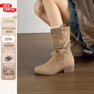  Giày Bốt Nữ Da Lộn Màu Be Cổ Lửng Mũi Tròn Đế 5cm + 2,5cm Lót Tăng Chiều Cao Êm Mềm Đi Ấm Chân Mùa Thu Đông 