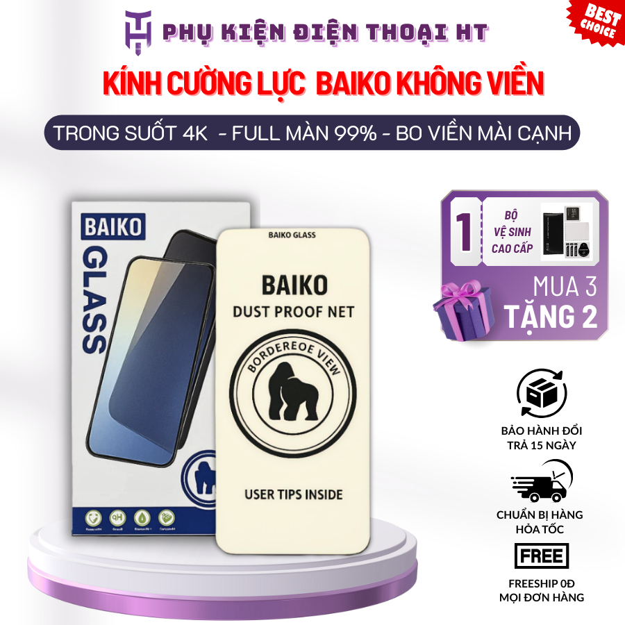 Kính cường lực Baiko KHÔNG VIỀN TRONG SUỐT siêu mỏng bo viền full màn 99% phù hợp IP 13/14/15/16/17 