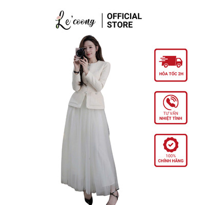 Set Dạ Tweed Cao Cấp Dáng Dài Khuy Đá Pha Lê LECOONG B245 Đầm Đẹp Phối Chân Váy Ren Lưới Sang Chảnh