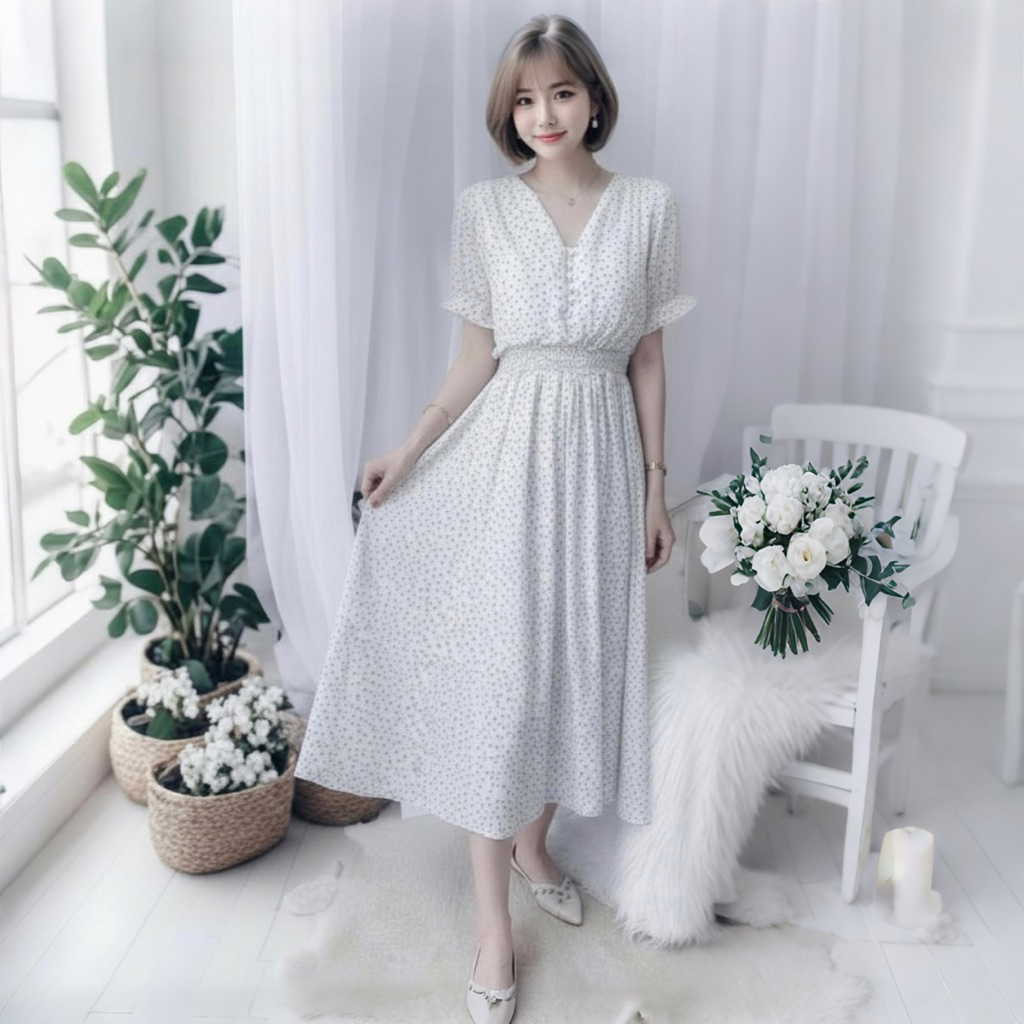 Đầm midi dạo phố bi trắng nút bọc dáng xoè (kèm hình thật)