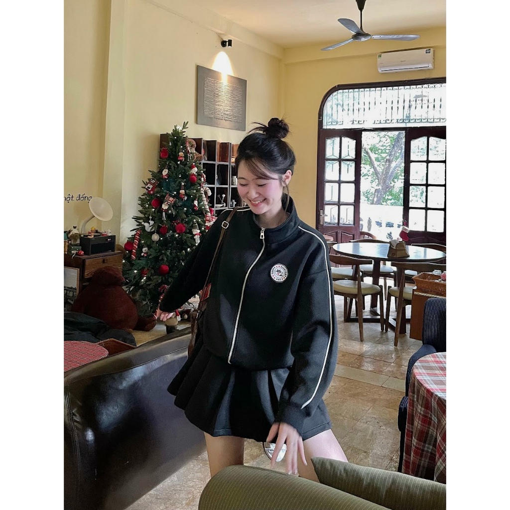 Set nỉ 2 da áo khoác có khóa kéo dáng rộng oversize qua eo kèm quần cạp chun ống rộng suông Clo31 | BigBuy360 - bigbuy360.vn