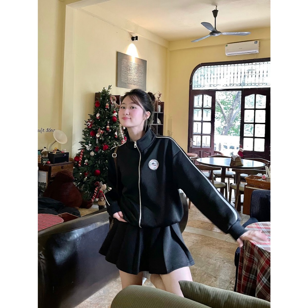 Set nỉ 2 da áo khoác có khóa kéo dáng rộng oversize qua eo kèm quần cạp chun ống rộng suông Clo31 | BigBuy360 - bigbuy360.vn