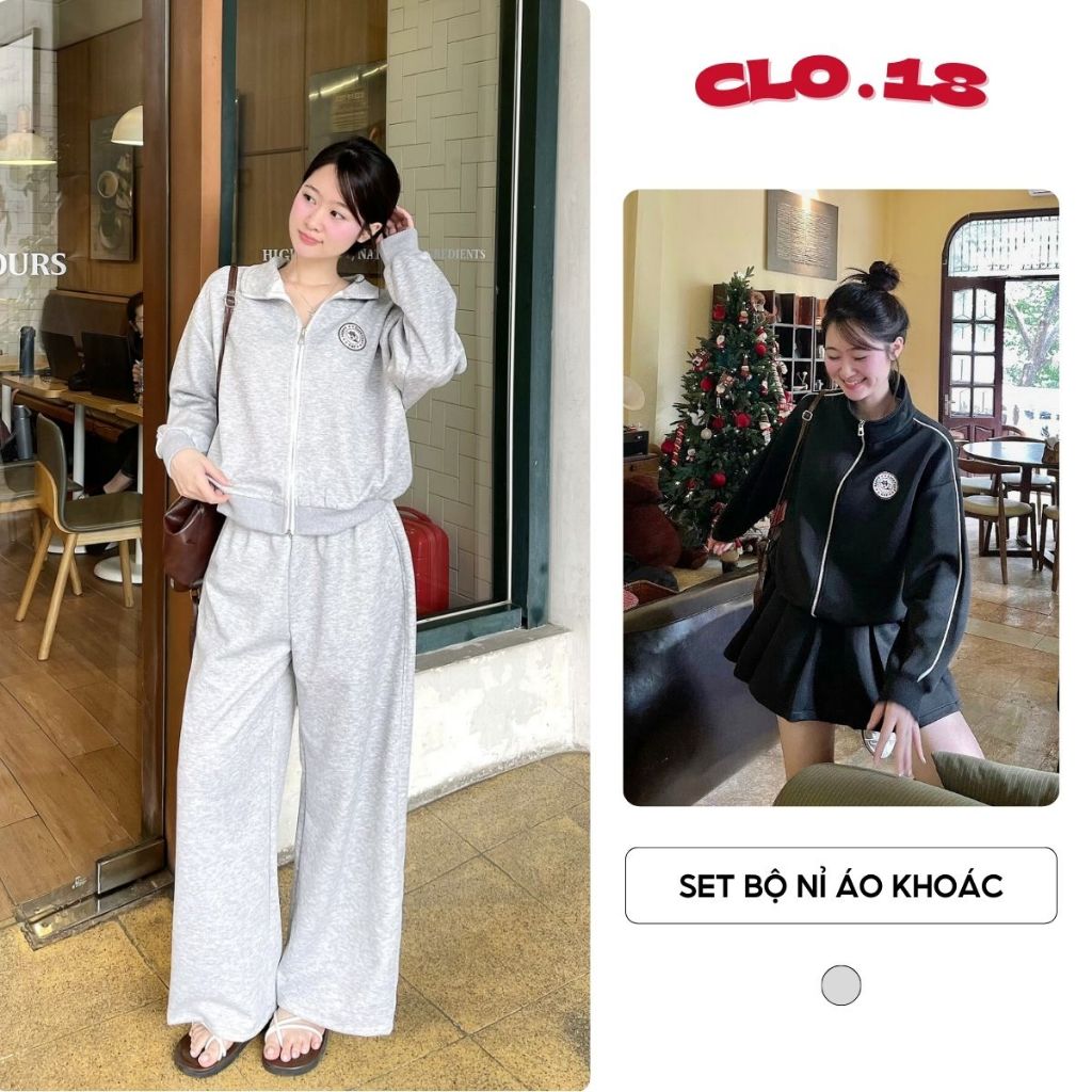 Set nỉ 2 da áo khoác có khóa kéo dáng rộng oversize qua eo kèm quần cạp chun ống rộng suông Clo31