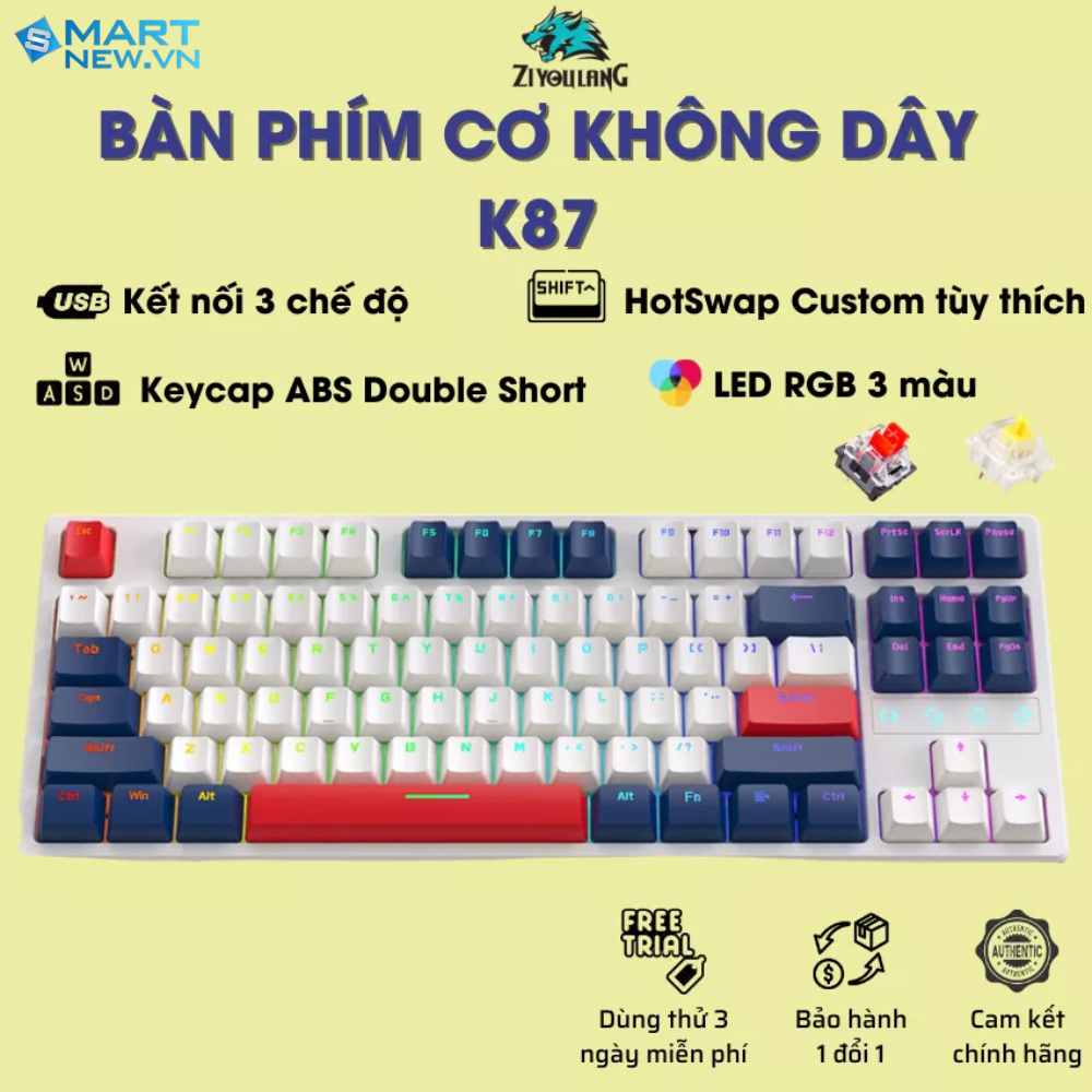 Bàn phím cơ K87 Ziyou - Hotswap - LED RGB - Red switch - 3mode - Foam tiêu âm