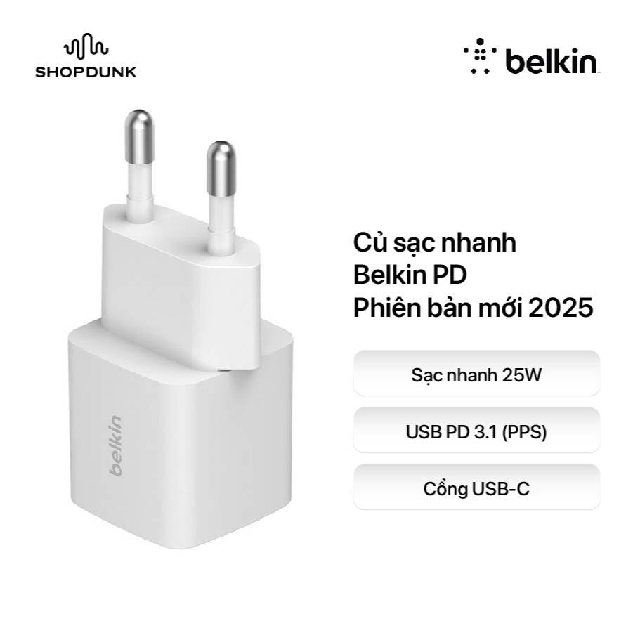 Củ sạc nhanh Belkin PD 25W 1 cổng Type-C cho iPhone - Chính hãng