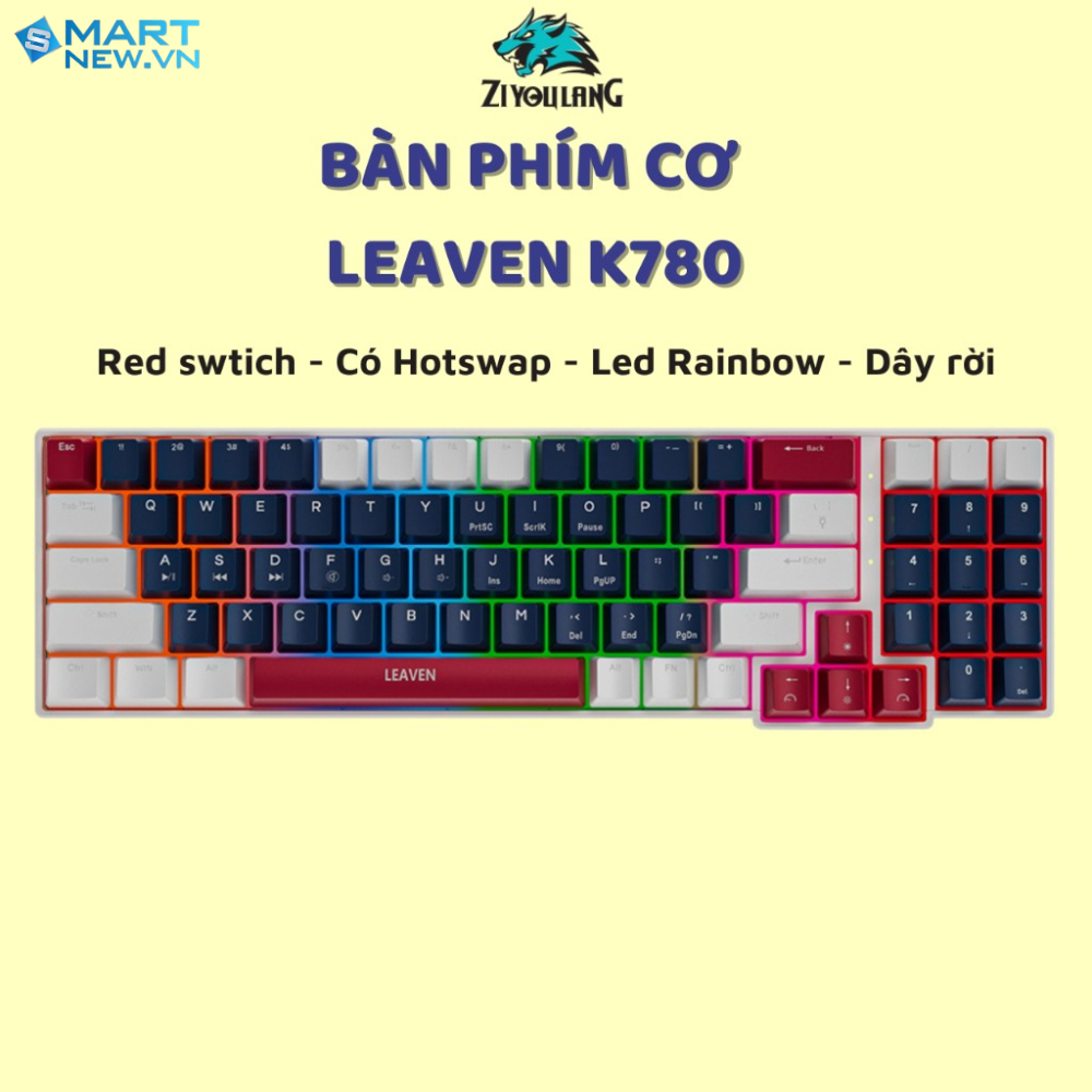 Bàn Phím Cơ Full Size Leaven K780  - Red Switch - Có Hotswap - Led Rainbown - Dây rời - Hỗ trợ mọi t