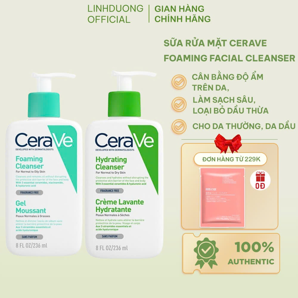 Sữa Rửa Mặt CeraVe Foaming Cleanser 236ml Srm Cerave Chính Hãng Cho Da Dầu, Da Khô, Mụn Nhạy Cảm