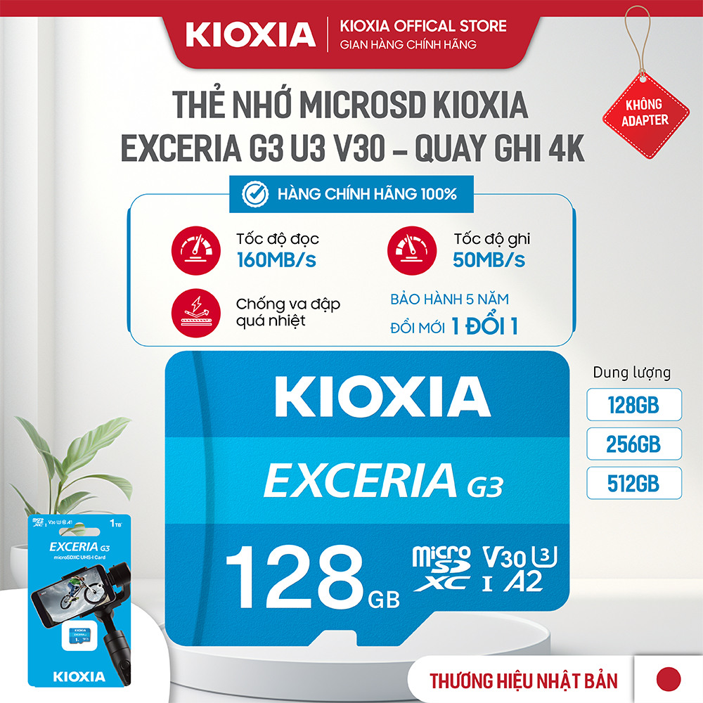 Thẻ nhớ mSD KIOXIA EXCERIA G3 128GB CL10 UHS-I U3 V30 A2 Quay Ghi 4K, đọc 160 ghi 50- Bảo hành 5 Năm