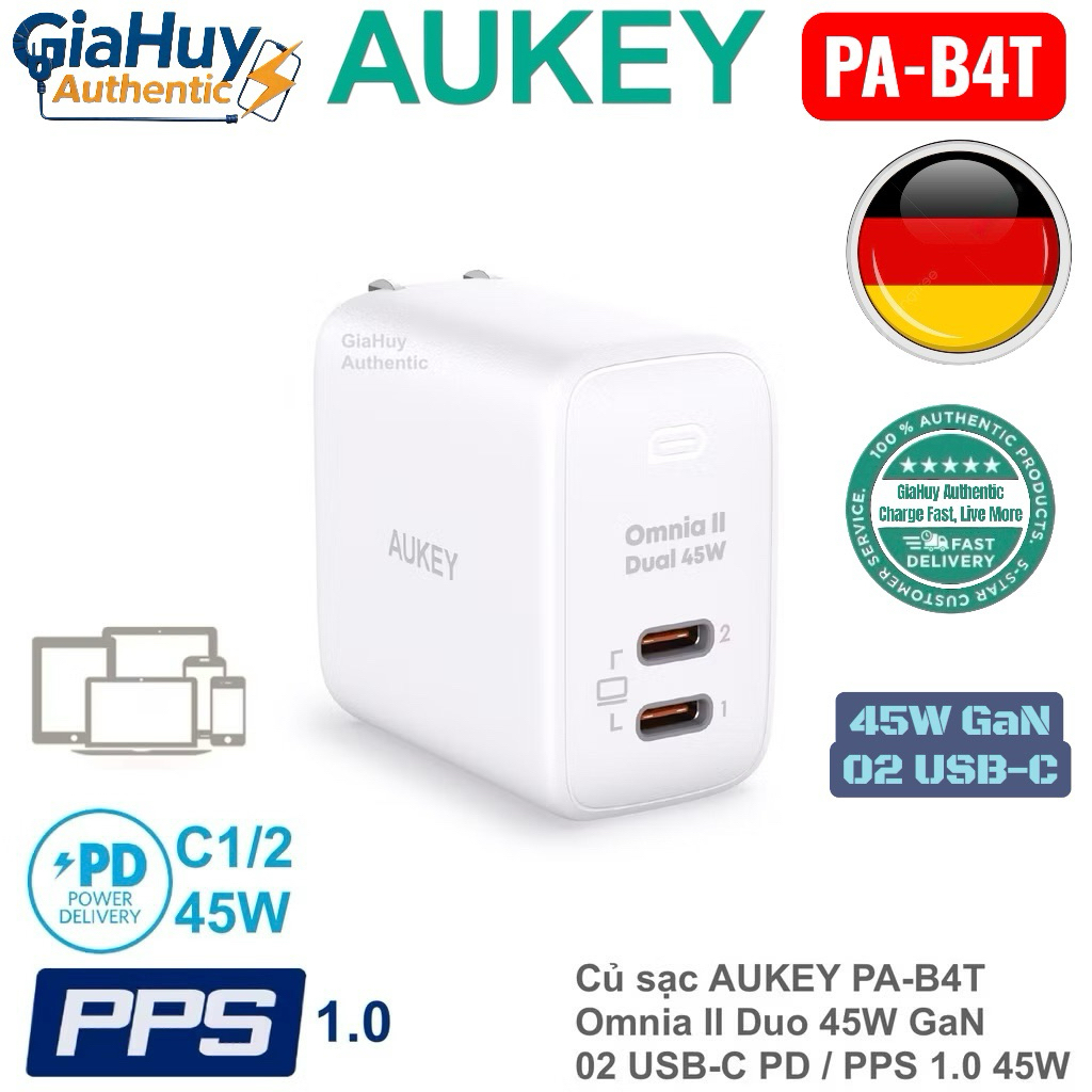 Củ sạc nhanh AUKEY PA-B4T Omnia II Duo 45W GaN 2C PD / PPS 1.0