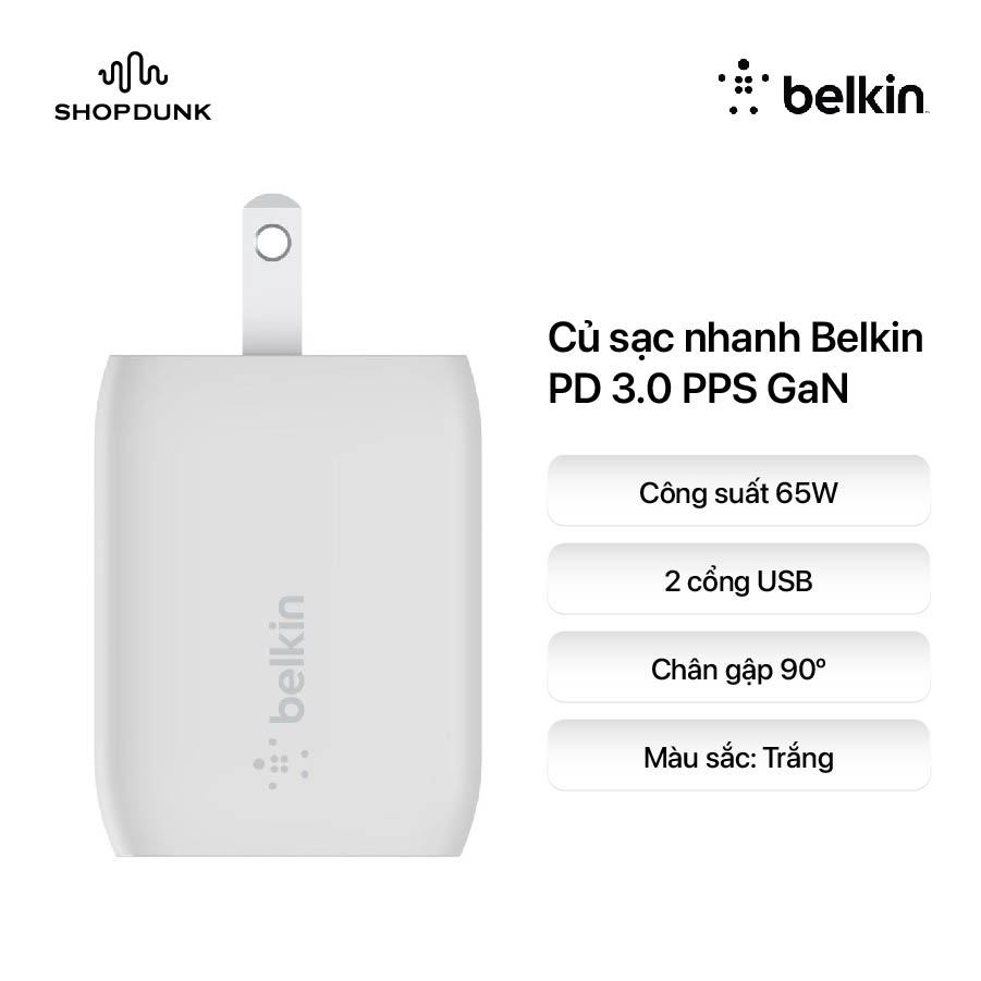 Củ sạc nhanh Belkin 65W 2 cổng Type C, PD 3.0 PPS GaN - Trắng
