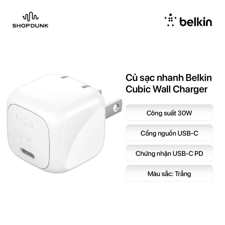 Củ sạc nhanh Belkin 30W 1 cổng USB-C PD Cubic Wall Charger - Màu Trắng