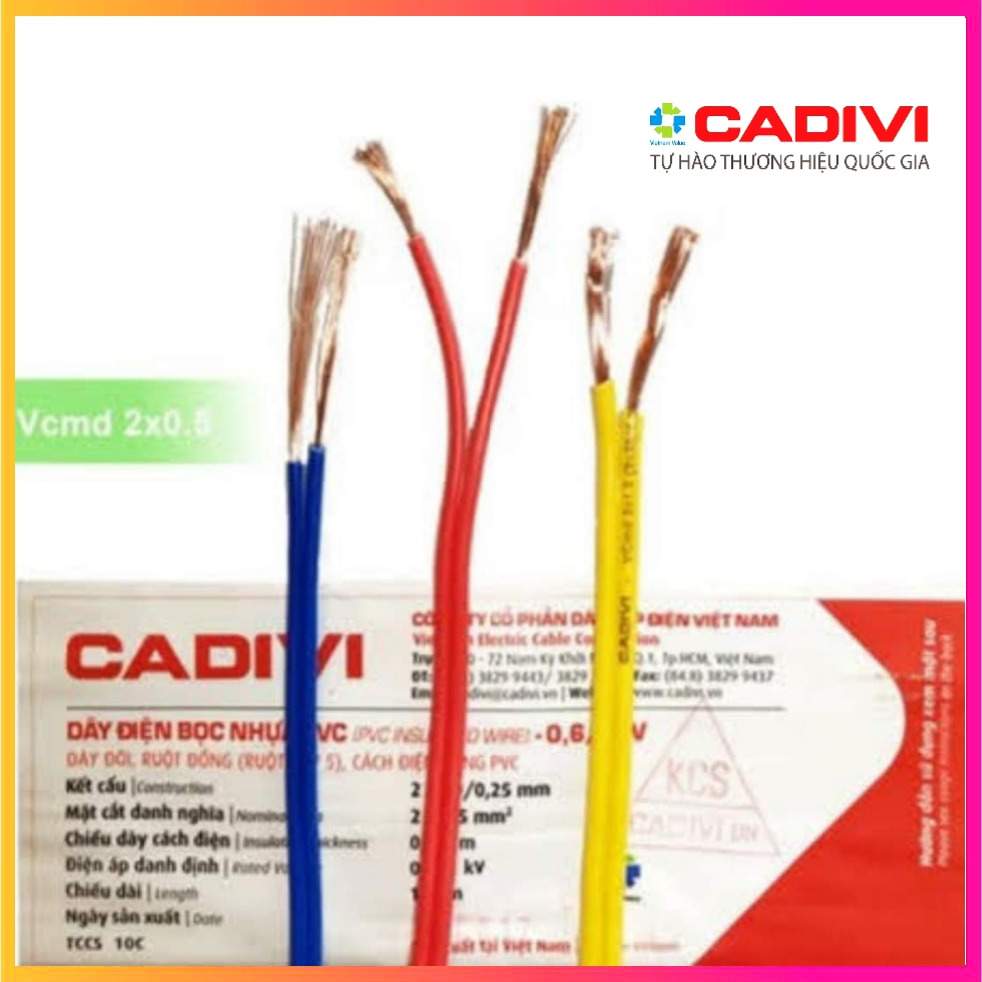 Dây điện đôi mềm CADIVI VCmd 2x0.5; VCmd 2x0.75; VCmd 2x1.0, Lõi Đồng; Vỏ nhựa PVC