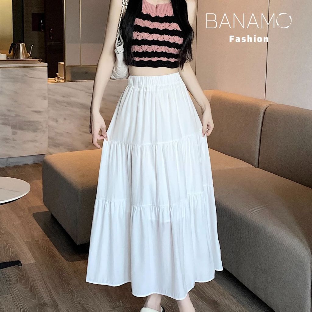 Váy nữ Banamo Fashion chân váy midi 3 tầng xếp ly chất voan mềm 2 lớp thoáng mát 5929 | BigBuy360 - bigbuy360.vn
