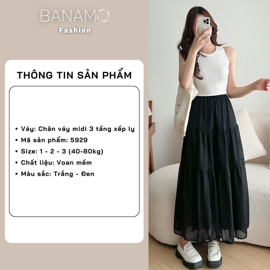 Váy nữ Banamo Fashion chân váy midi 3 tầng xếp ly chất voan mềm 2 lớp thoáng mát 5929 | BigBuy360 - bigbuy360.vn