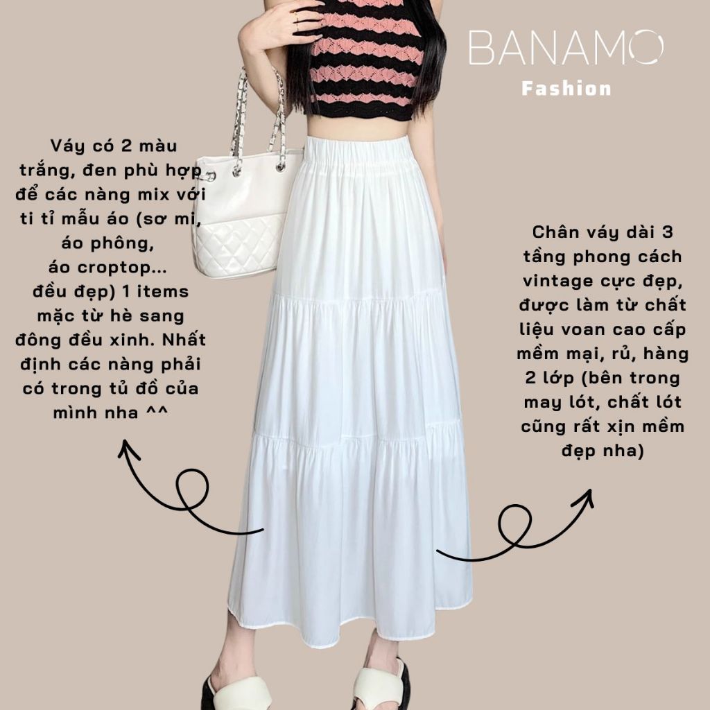 Váy nữ Banamo Fashion chân váy midi 3 tầng xếp ly chất voan mềm 2 lớp thoáng mát 5929 | BigBuy360 - bigbuy360.vn
