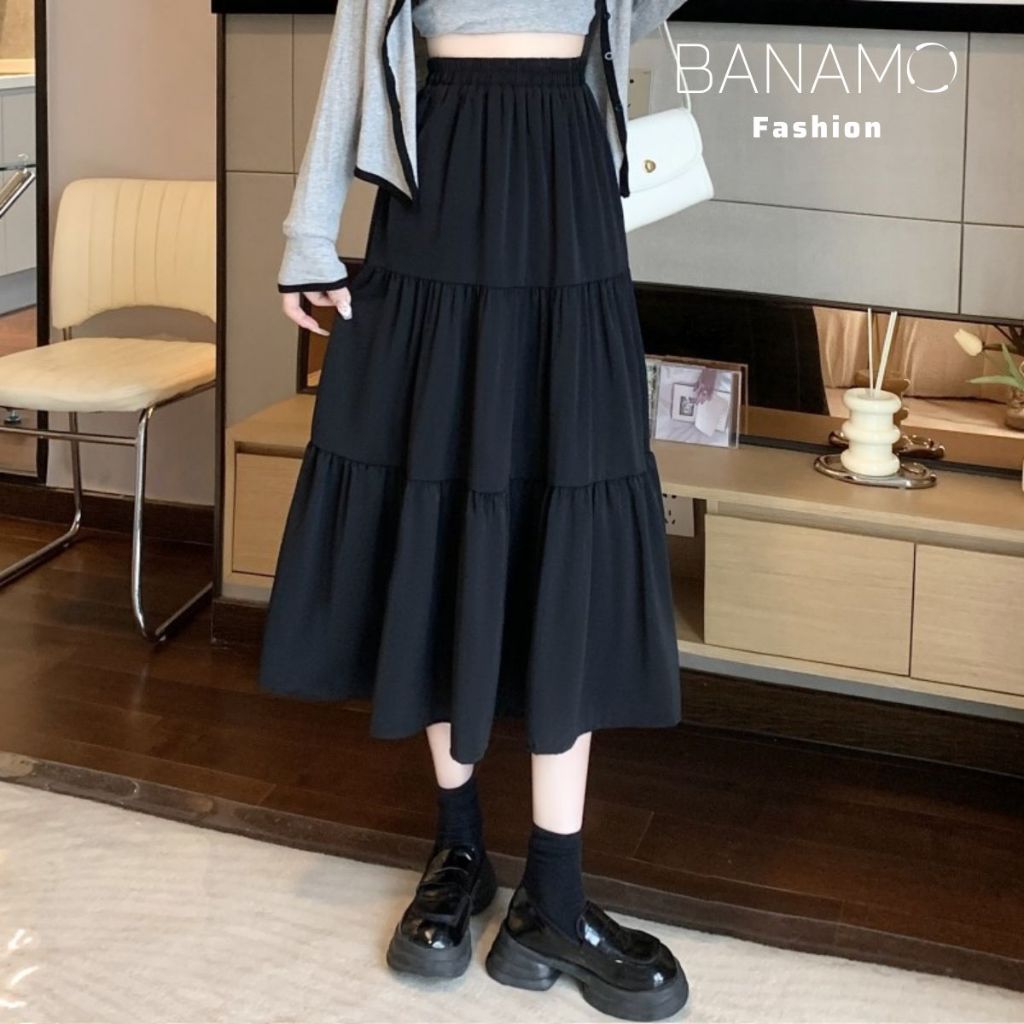 Váy nữ Banamo Fashion chân váy midi 3 tầng xếp ly chất voan mềm 2 lớp thoáng mát 5929 | BigBuy360 - bigbuy360.vn