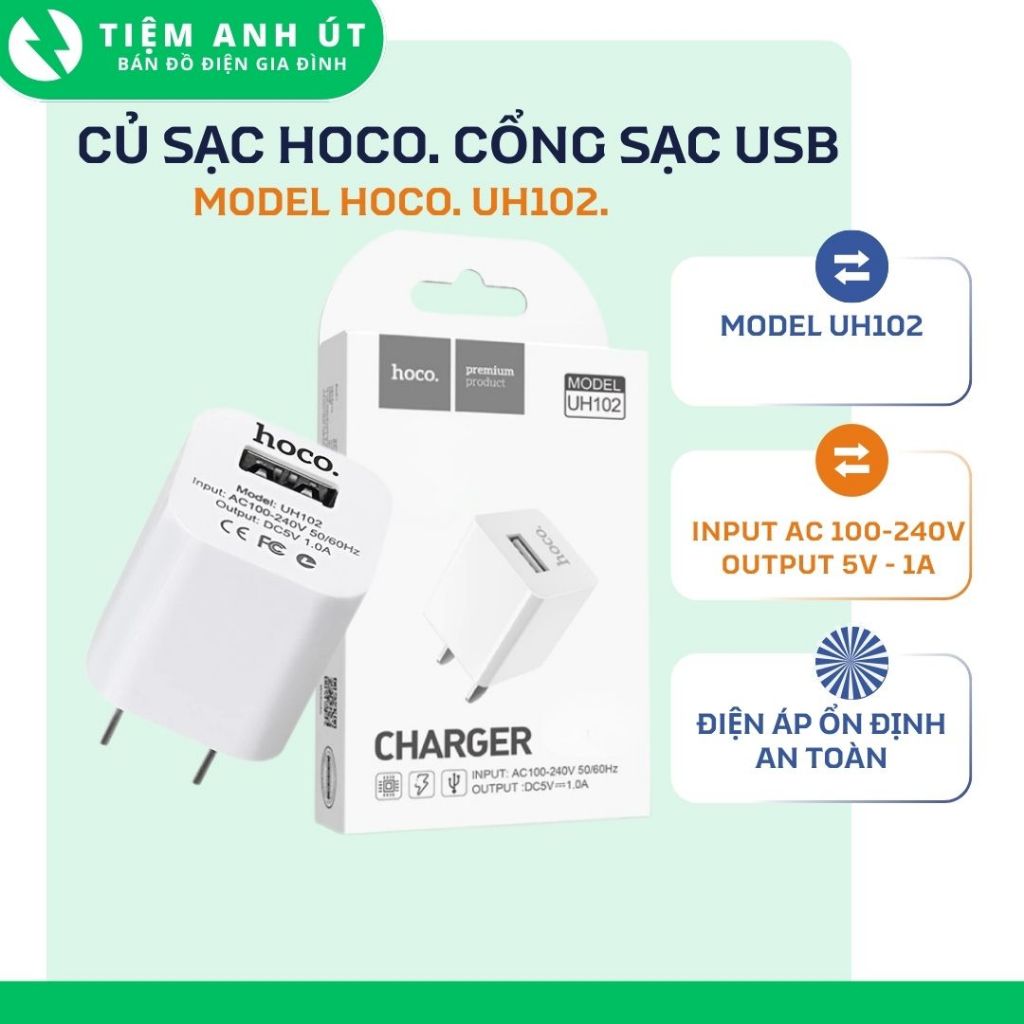 HOCO Chính hãng - Củ sạc tiêu chuẩn chính hãng HOCO UH102 - Chuẩn quốc tế