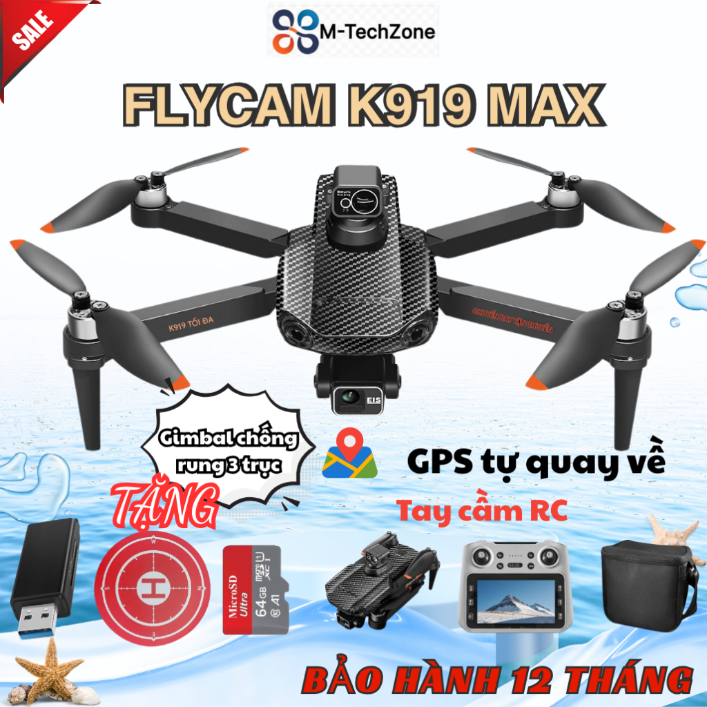 Máy bay điều khiển từ xa K919 Pro Max, Flycam mini Gimbal Chống Rung 3 trục 4K, Flaycam giá rẻ GPS