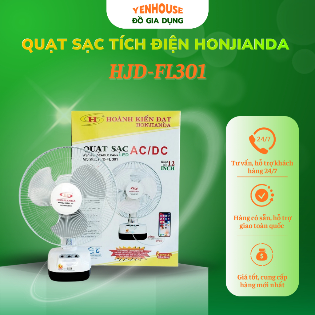 [HỎA TỐC] Quạt Sạc Tích Điện Honjianda HJD-FL301 Có Cổng USB, Đèn LED, Hàng Chính Hãng