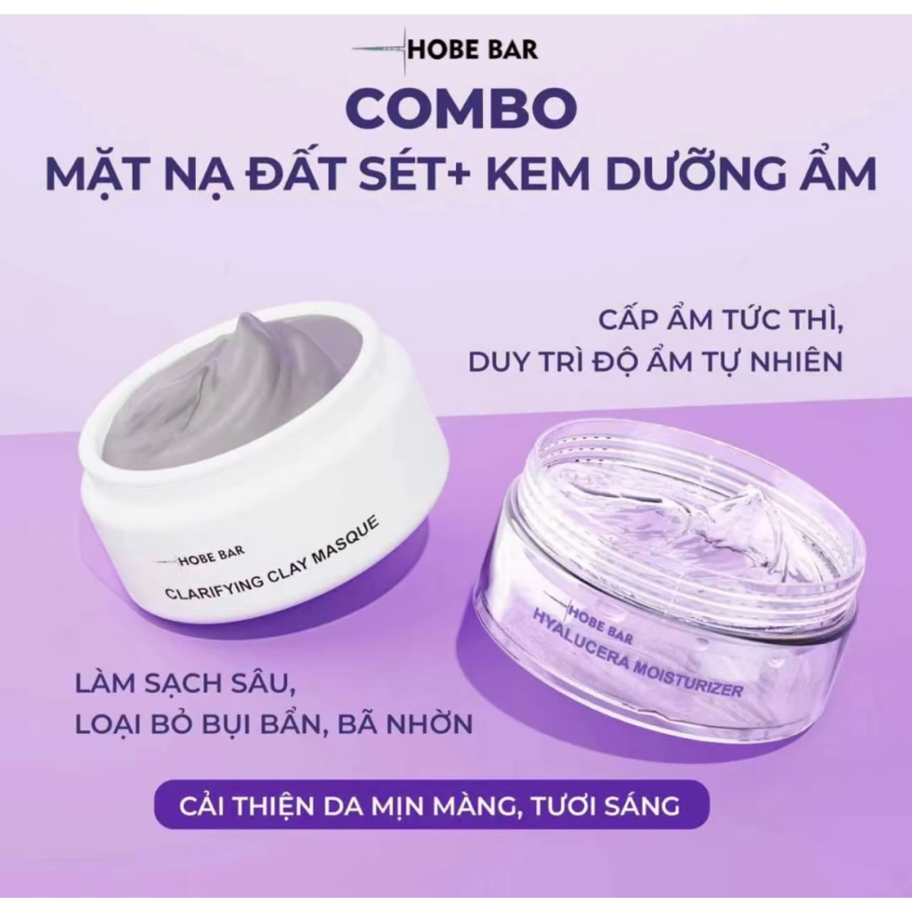 Bộ đôi Kem dưỡng ẩm HOBE BAR (55ml) và Mặt nạ đất sét trắng Sodium Hyaluronate HOBE BAR (55ml)