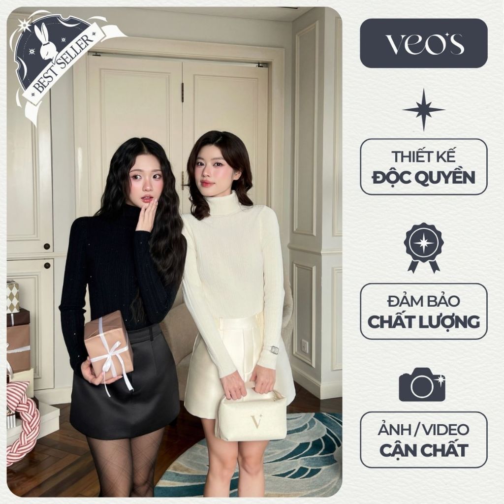 Áo Len Cao Cổ Nữ Mùa Đông Dài Tay Dáng Ôm Len Gân Lấp Lánh Thiết Kế Veos Màu Xám, Đen, Kem - Rollo T