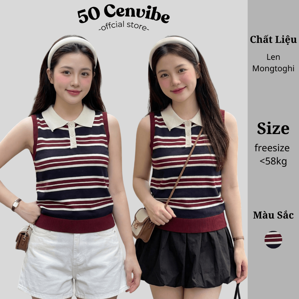 Áo Len Nữ Mongtoghi Sát Nách Kẻ Sọc Cổ Polo, Dáng Ôm Nhẹ Phong Cách Hàn Quốc (50 Cenvibe.Clothing) 1