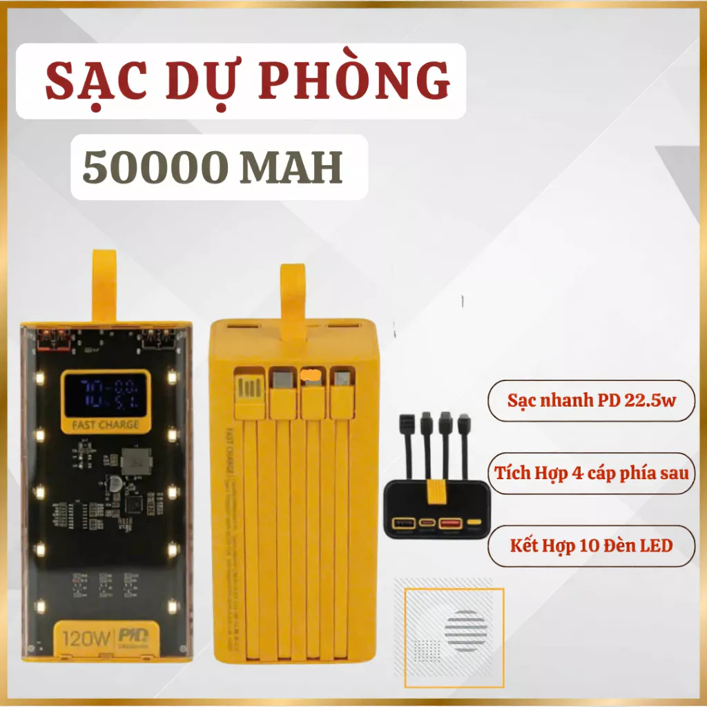 Sạc Dự Phòng 50000mAh Sạc Nhanh 120W  Thiết Kế Mới Đèn Led RGB Hiện %pin  Kèm 4 Đầu Sạc Tiện Lợi | BigBuy360 - bigbuy360.vn