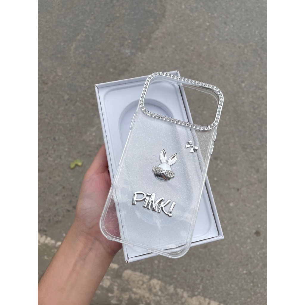 ỐP IPHONE BLING NHŨ CAM ĐÁ THỎ PLAY NƠ PINK