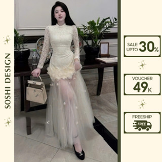  Đầm thiết kế dài tay chân sóng Váy đi bàn váy ren nữ phối chân váy voan dài đính hoa sang chảnh - SOSHI DESIGN 