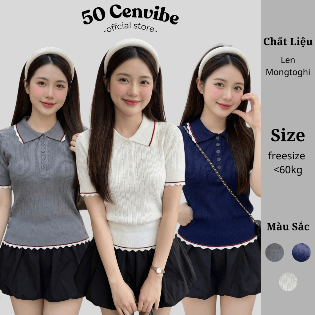 Áo Len Mongtoghi Nữ Dệt Kim Cổ Polo, Tay Ngắn Bo Viền, Chất Mềm Mịn Thoáng Mát (50 Cenvibe.Clothing)