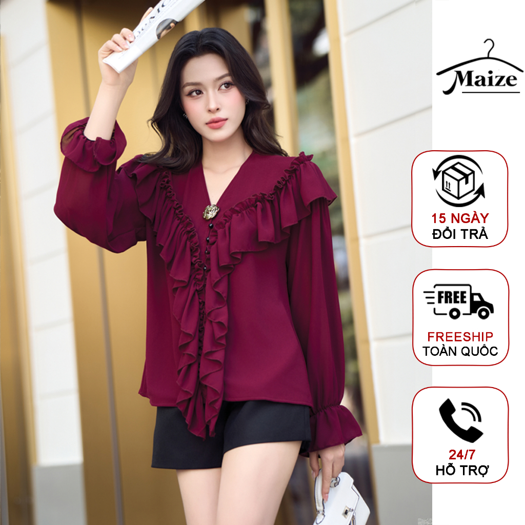   Tặng hoa cài  Áo sơ mi Voan nữ 2 lớp dài tay bèo ngực Maize thiết kế sang chảnh,chất liệu Voan mềm mại chống nhăn SH012 