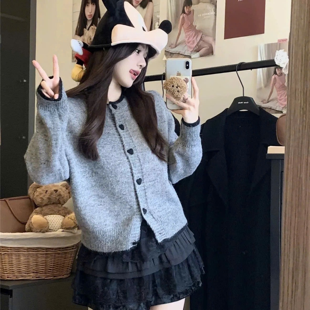 Áo cardigan len 𝒀𝑼𝑴𝑴𝒀 phối viền, Áo len cardigan dệt kim cúc trái tim phong cách Hàn Quốc CA35 | BigBuy360 - bigbuy360.vn