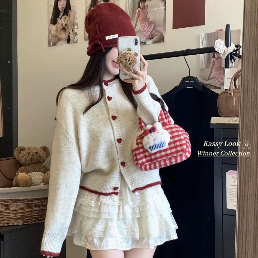 Áo cardigan len 𝒀𝑼𝑴𝑴𝒀 phối viền, Áo len cardigan dệt kim cúc trái tim phong cách Hàn Quốc CA35 | BigBuy360 - bigbuy360.vn